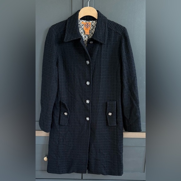 Tory Burch Black Textured Wool Coat with Logo Buttons • 8 - Picture 1 of 12